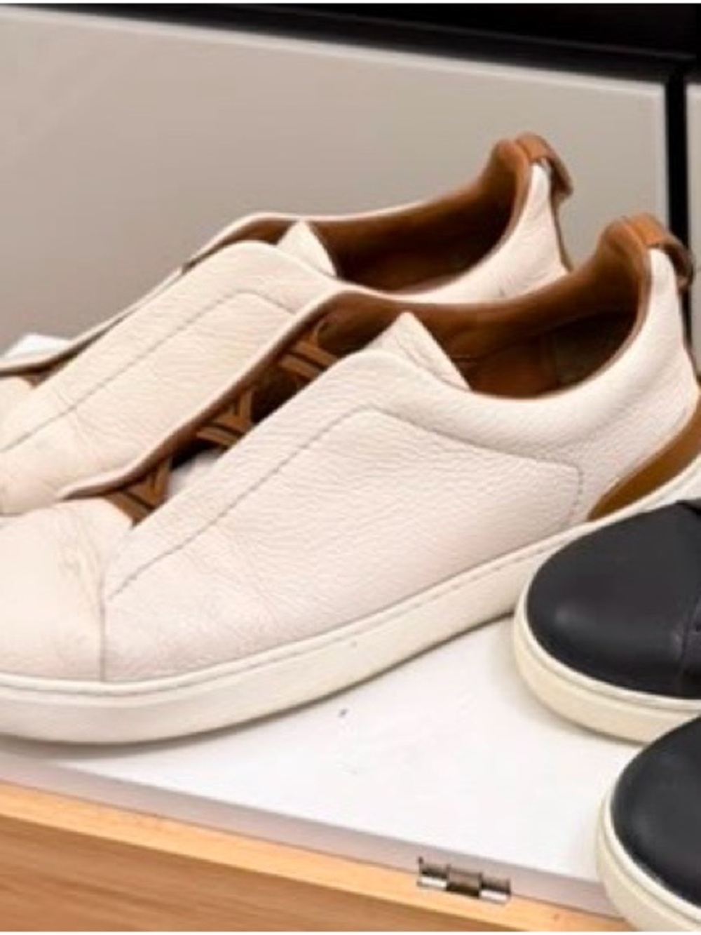 Zegna Men's Cream Leather Slip-On Sneakers with Tan Accents